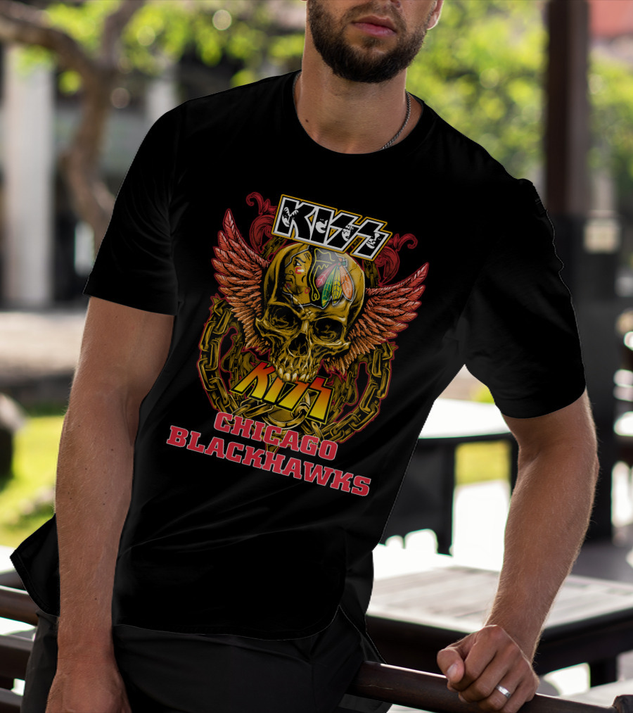 Kiss Chicago Blackhawks Skull With Wings And Chains T-Shirt