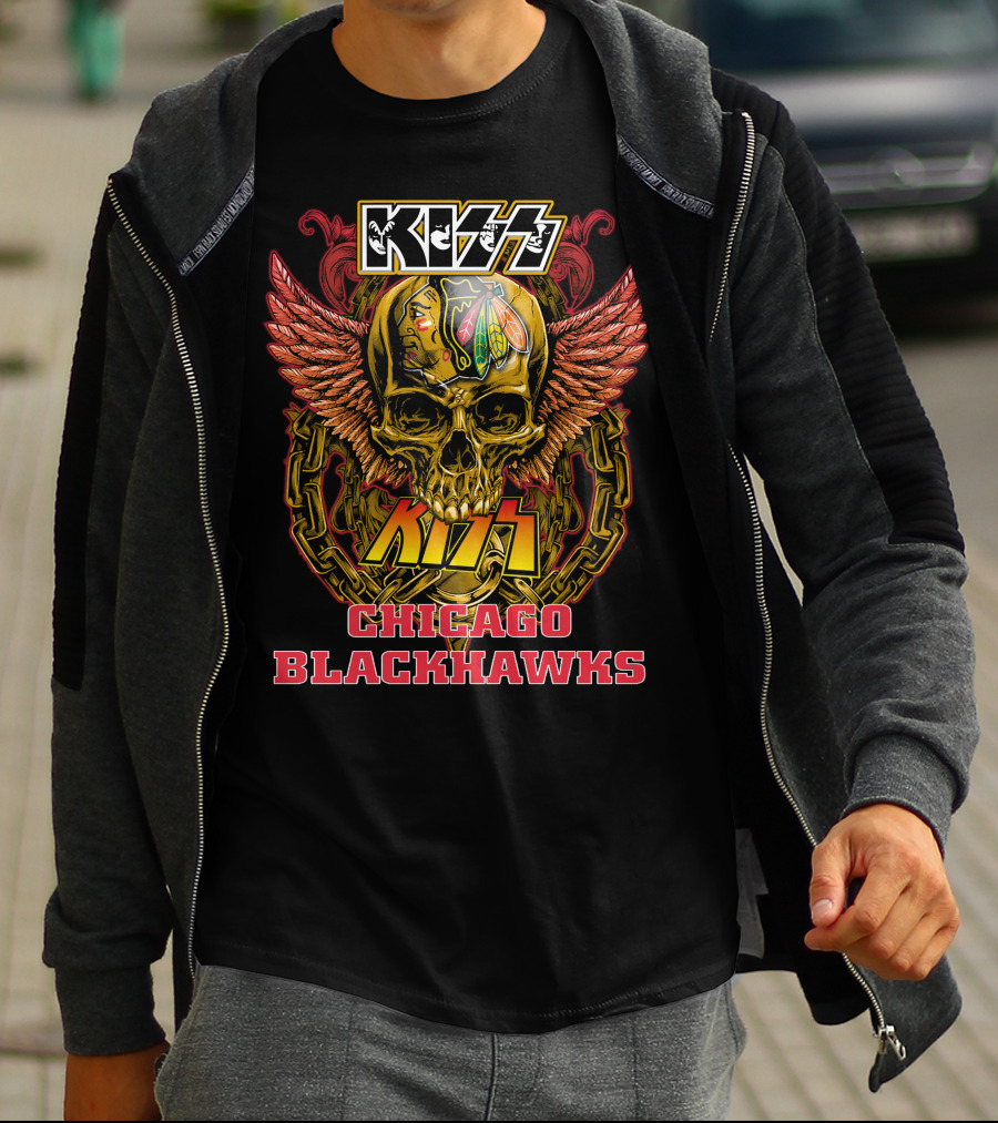 Kiss Chicago Blackhawks Skull With Wings And Chains T-Shirt