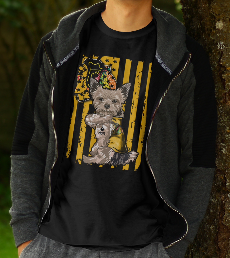 Yorkshire Terrier I Love Mom Chicago Blackhawks Stripes T-Shirt