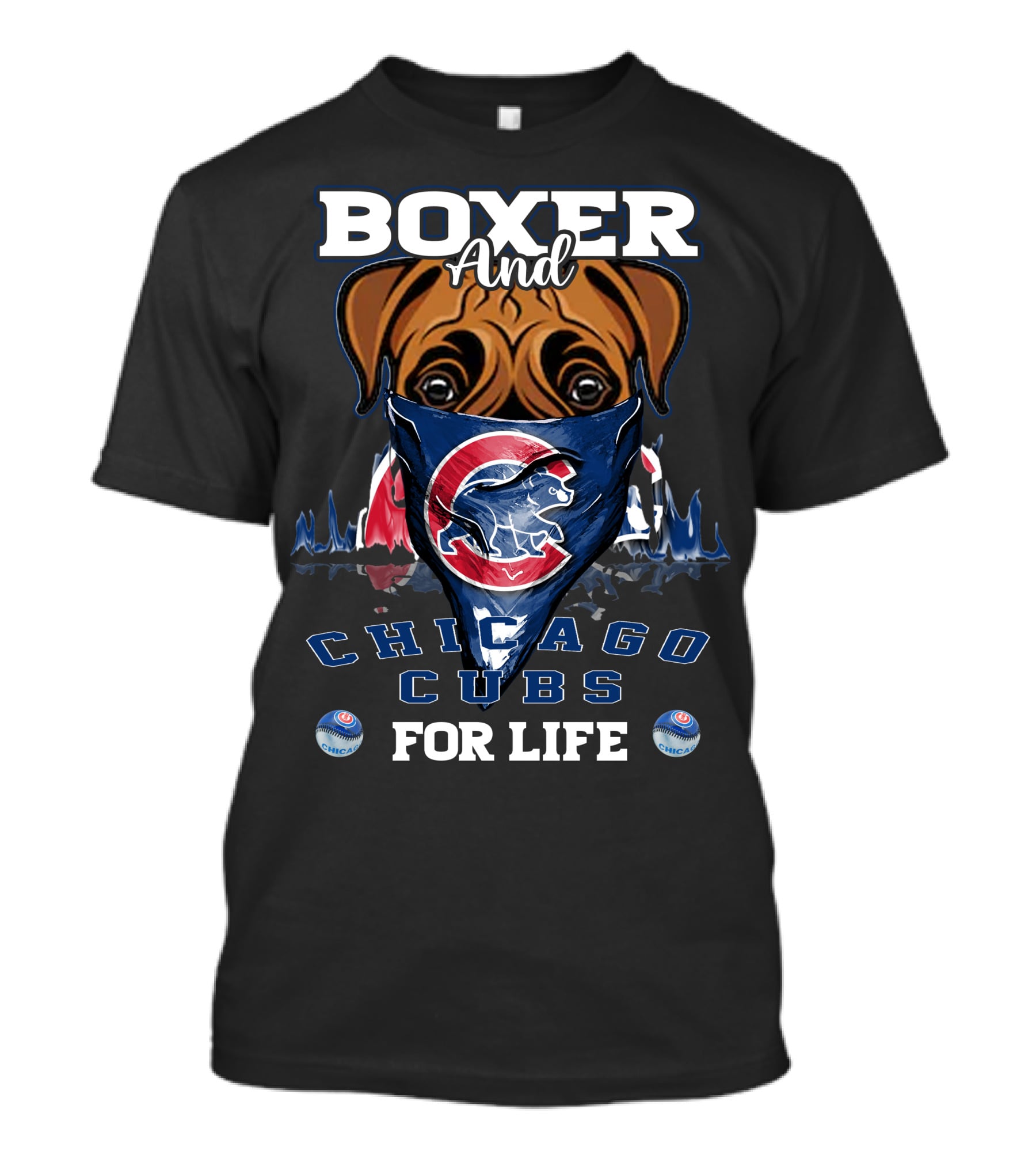 Boxer And Chicago Cubs For Life With Cubs Logo And Bandana T-Shirt