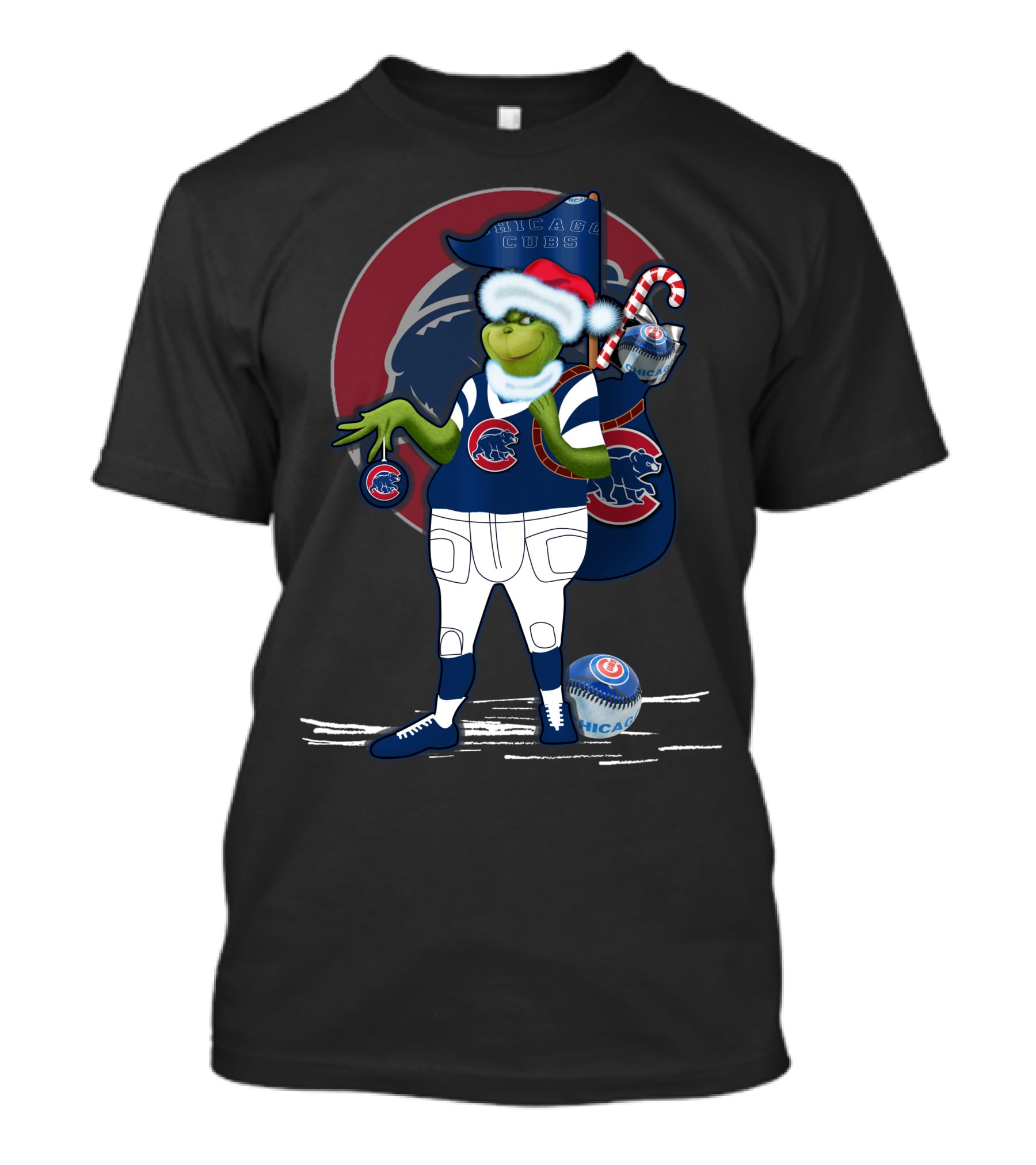Grinchxmas Chicago Cubs Christmas Spirit With Santa Hat And Candy Cane T-Shirt