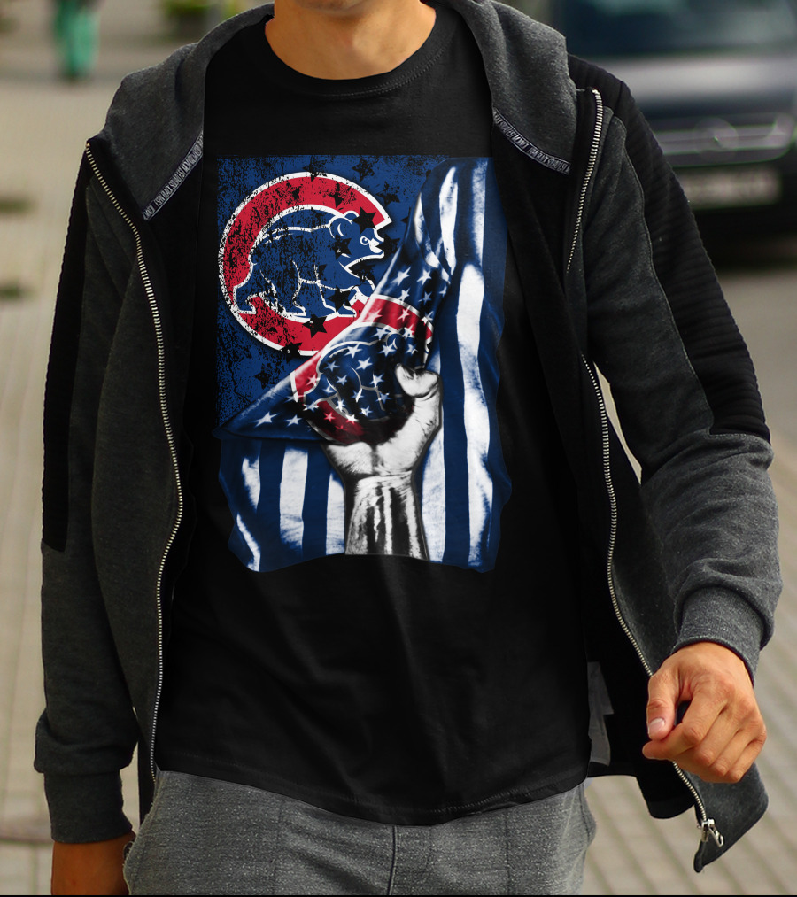 Chicago Cubs American Flag Blue Bear Emblem T-Shirt
