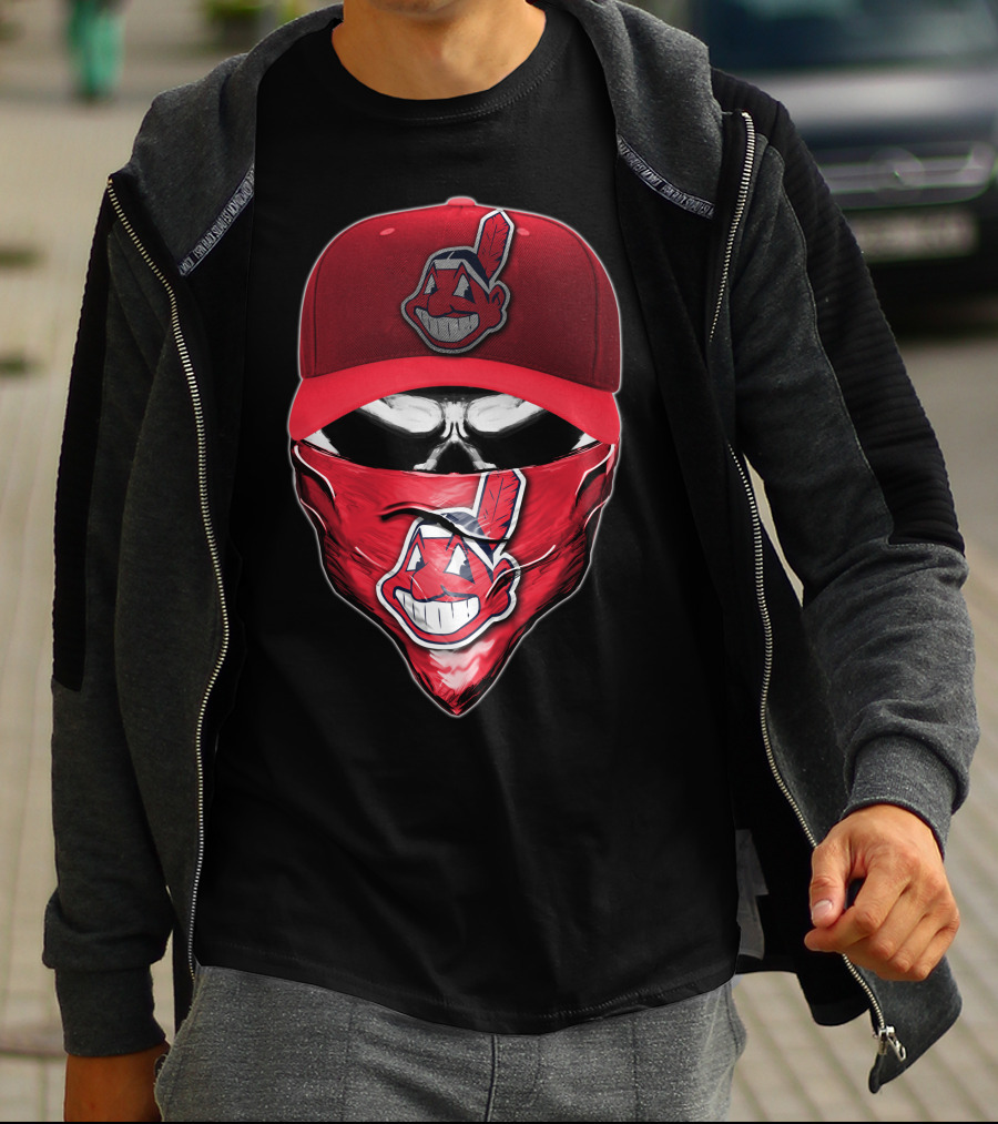Cleveland Indians Chief Wahoo Skull Mask With Hat And Bandana T-Shirt