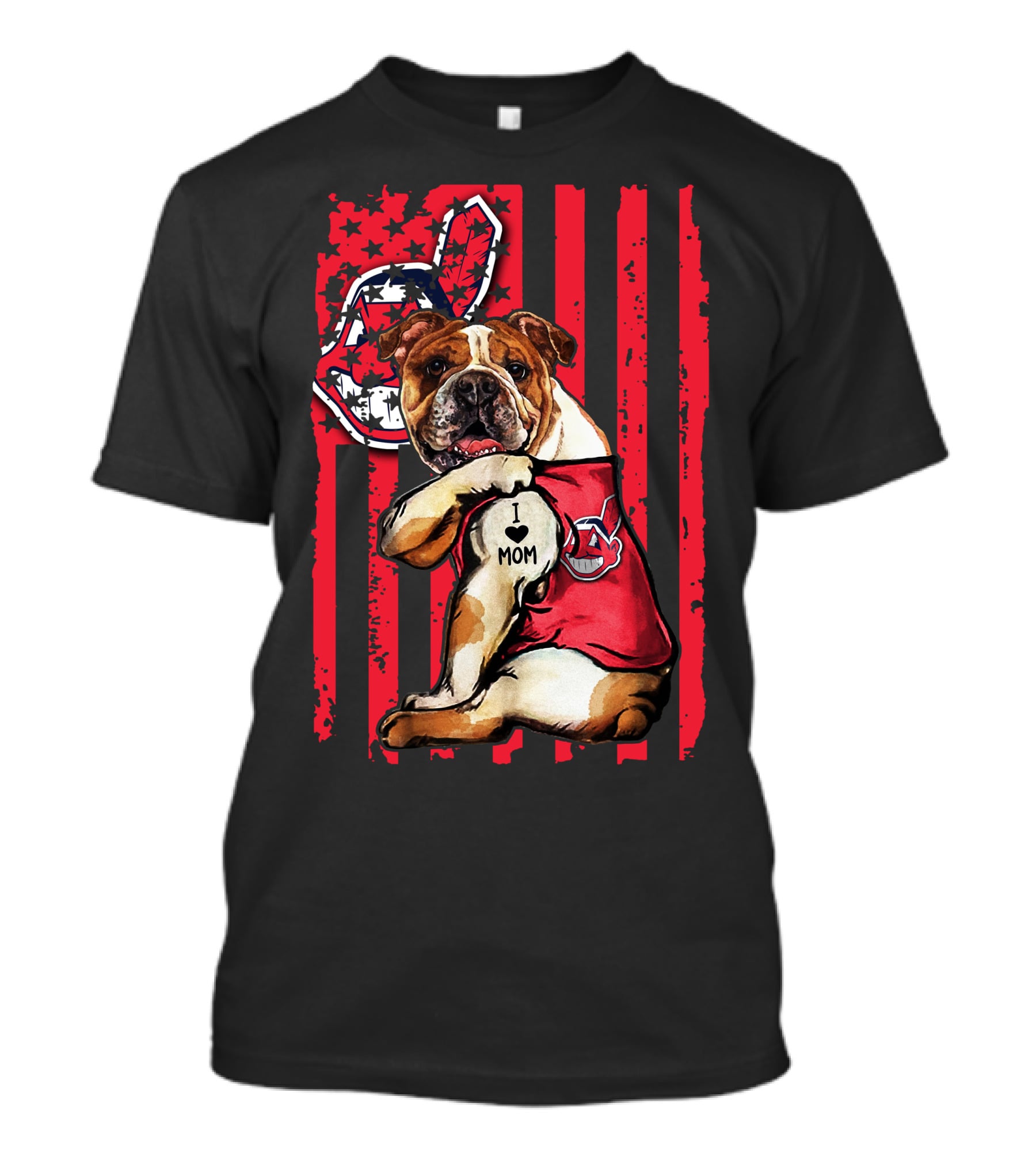 Bulldog I Love Mom Cleveland Indians American Flag T-Shirt