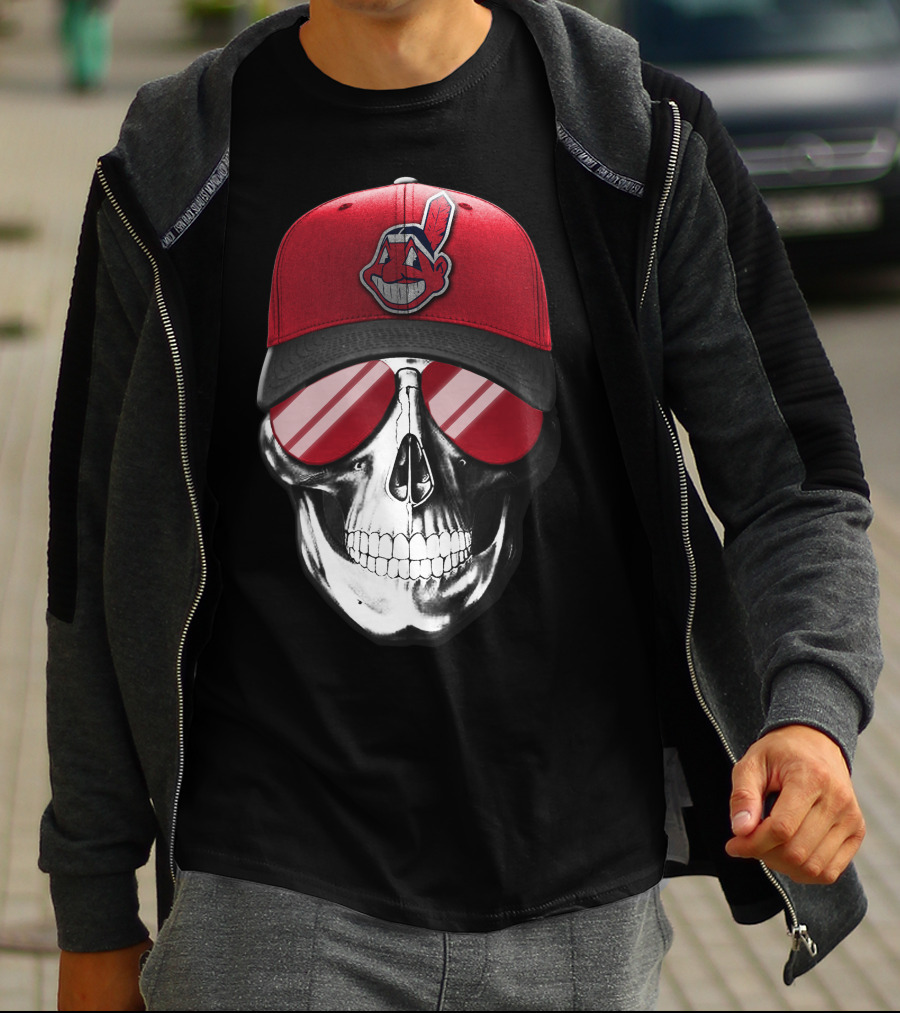 Skull With Cleveland Indians Cap And Sunglasses T-Shirt