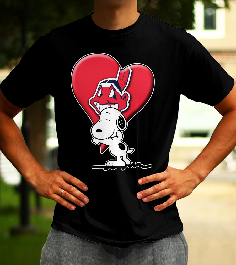 Snoopy Hugging Cleveland Indians Logo Heart T-Shirt