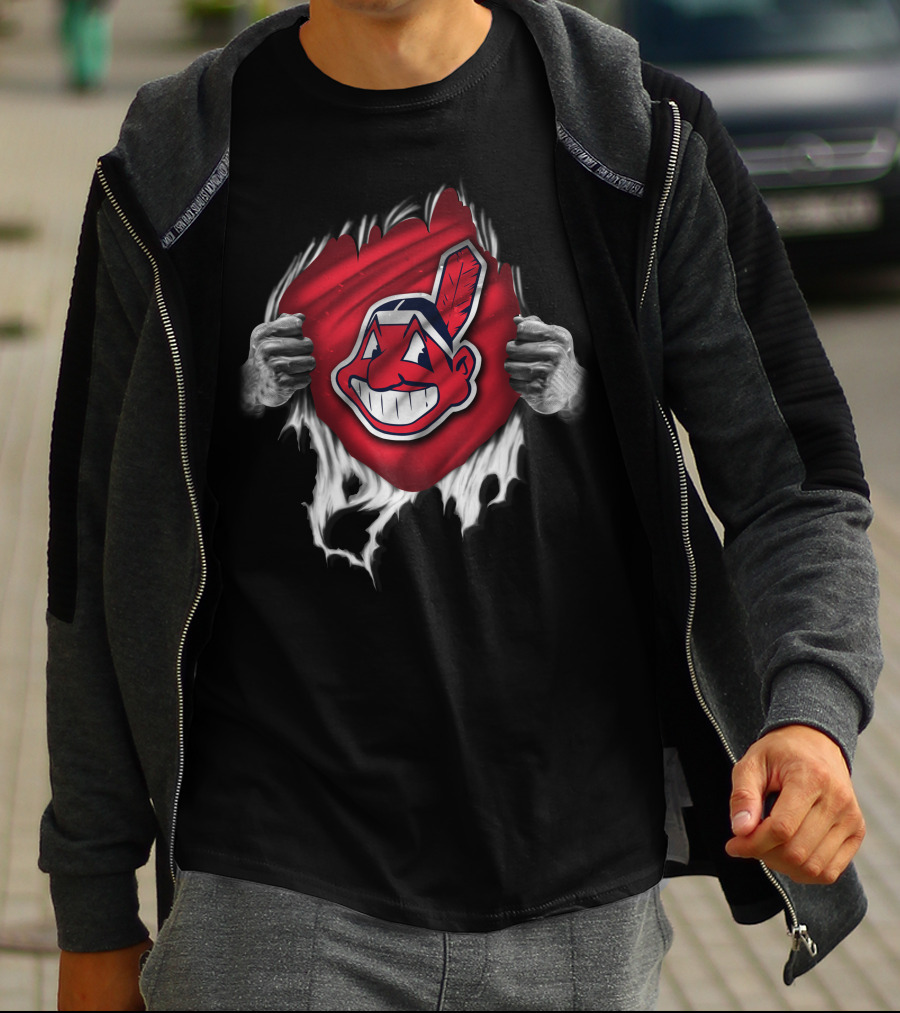 Torn Cleveland Indians Logo With Ripped Red Background And Hands T-Shirt