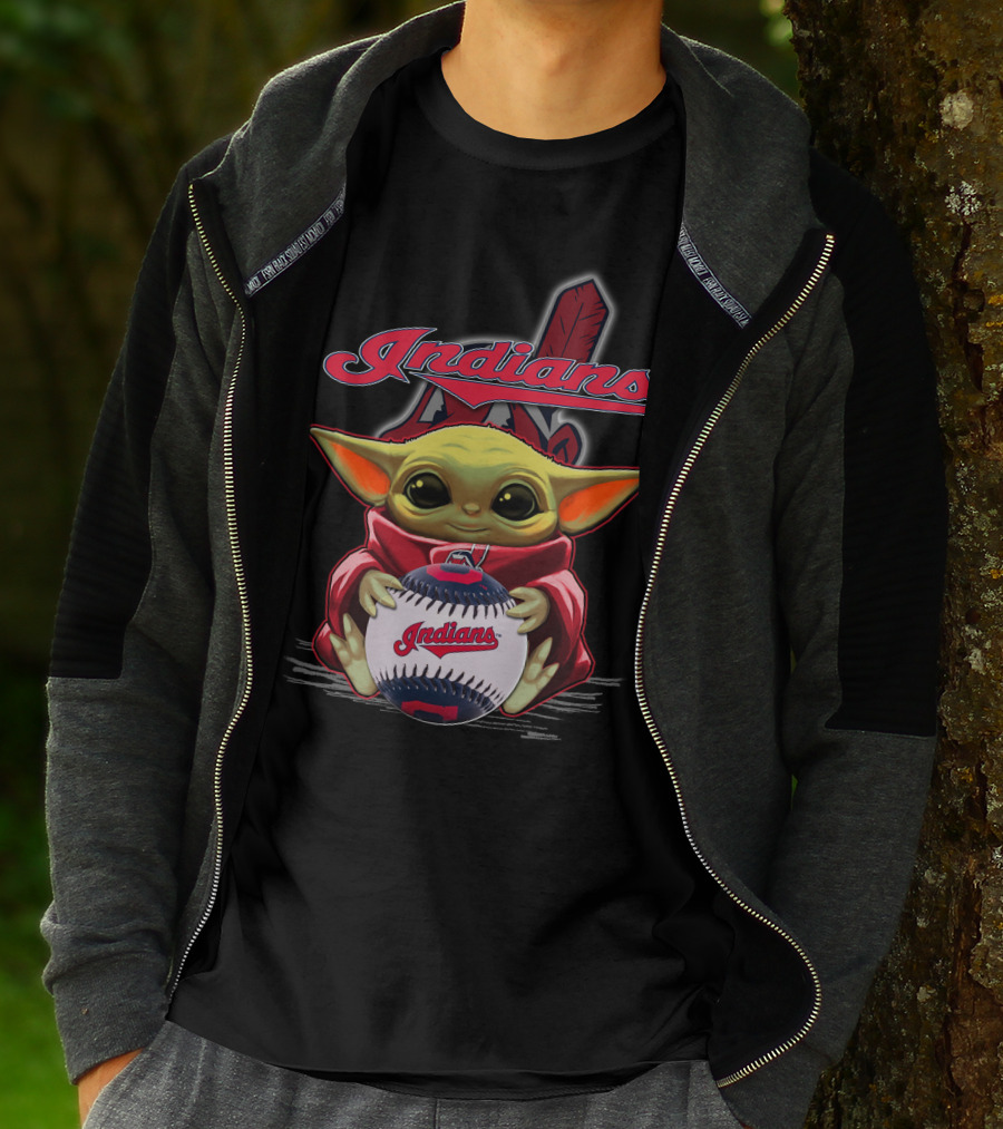 Indians Baby Yoda Holding Baseball With Feather Background T-Shirt
