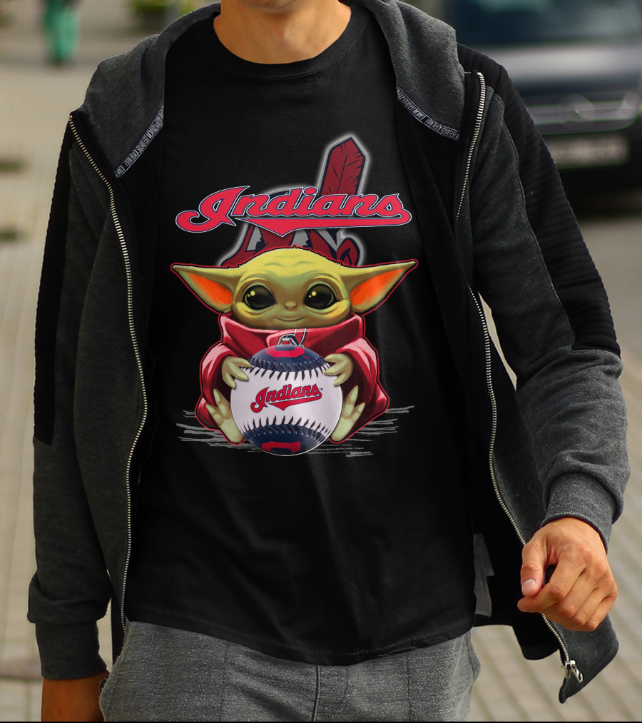 Indians Baby Yoda Holding Baseball With Feather Background T-Shirt
