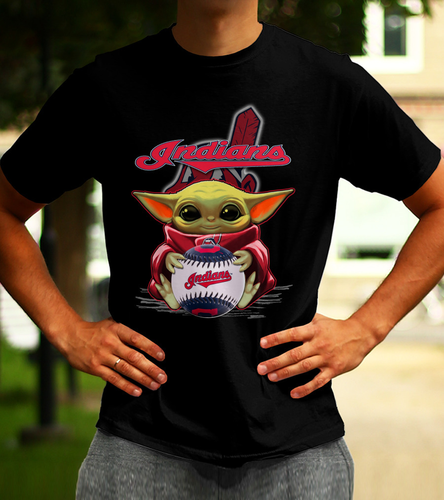 Indians Baby Yoda Holding Baseball With Feather Background T-Shirt