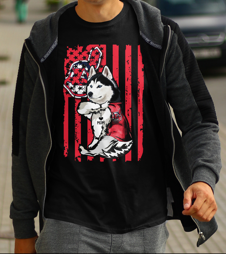Siberian Husky Cleveland Indians American Flag Baseball Fanatic Mom T-Shirt