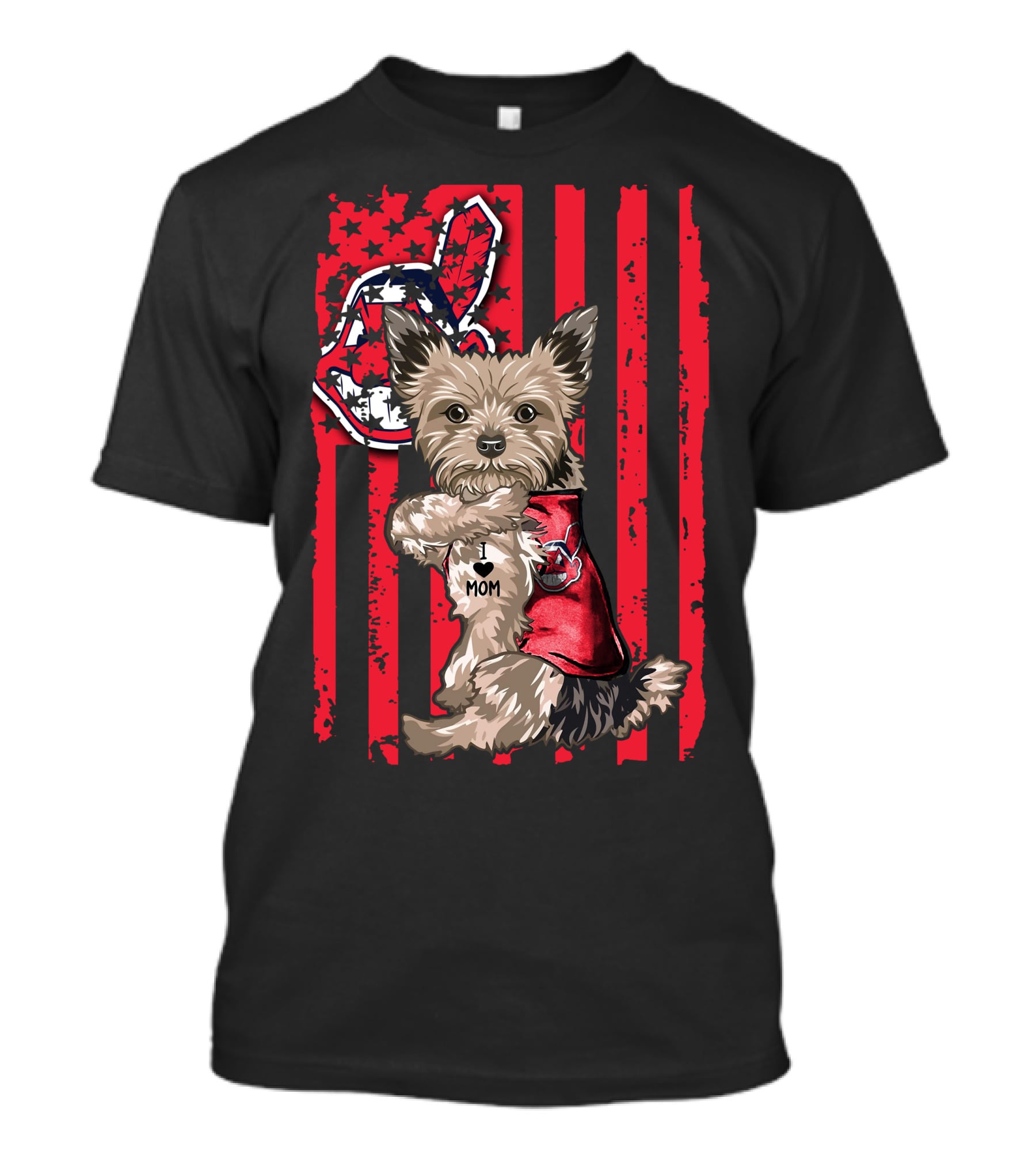 Yorkshire Terrier I Love Mom Cleveland Indians Patriotic Flag T-Shirt