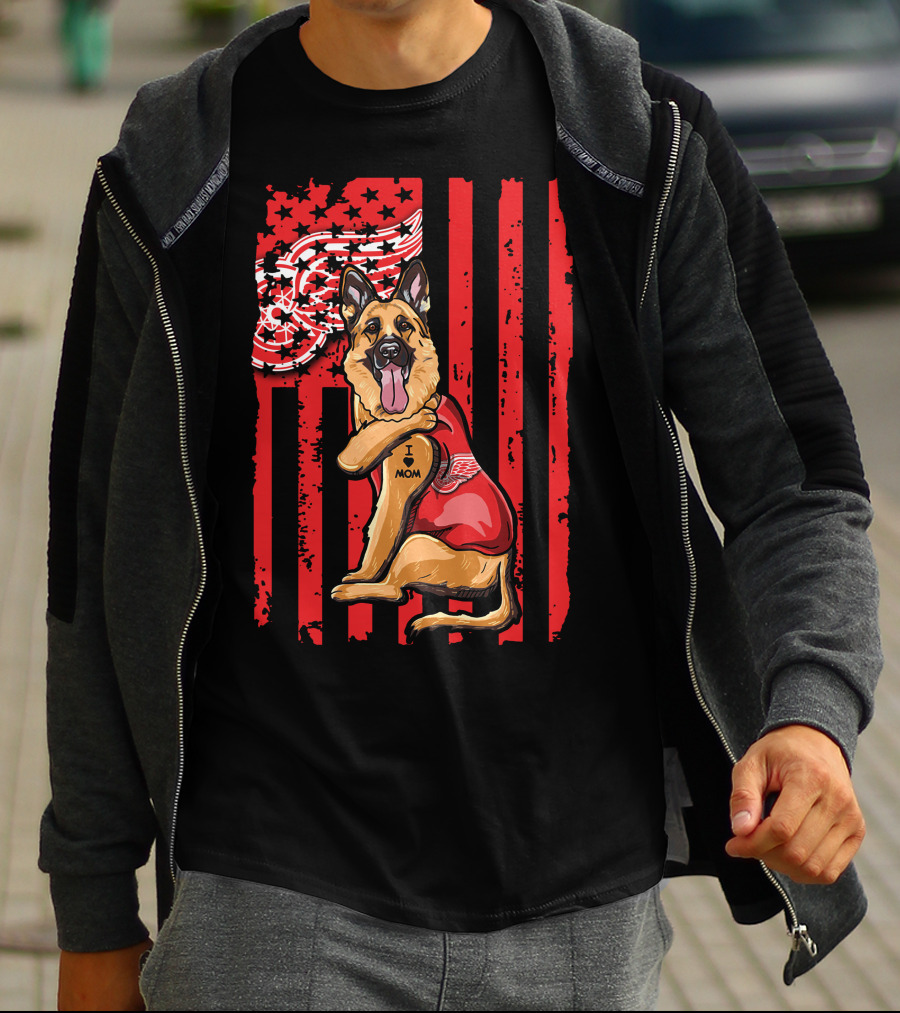 German Shepherd With Detroit Red Wings And I Love Mom Tattoo Flag Background T-Shirt