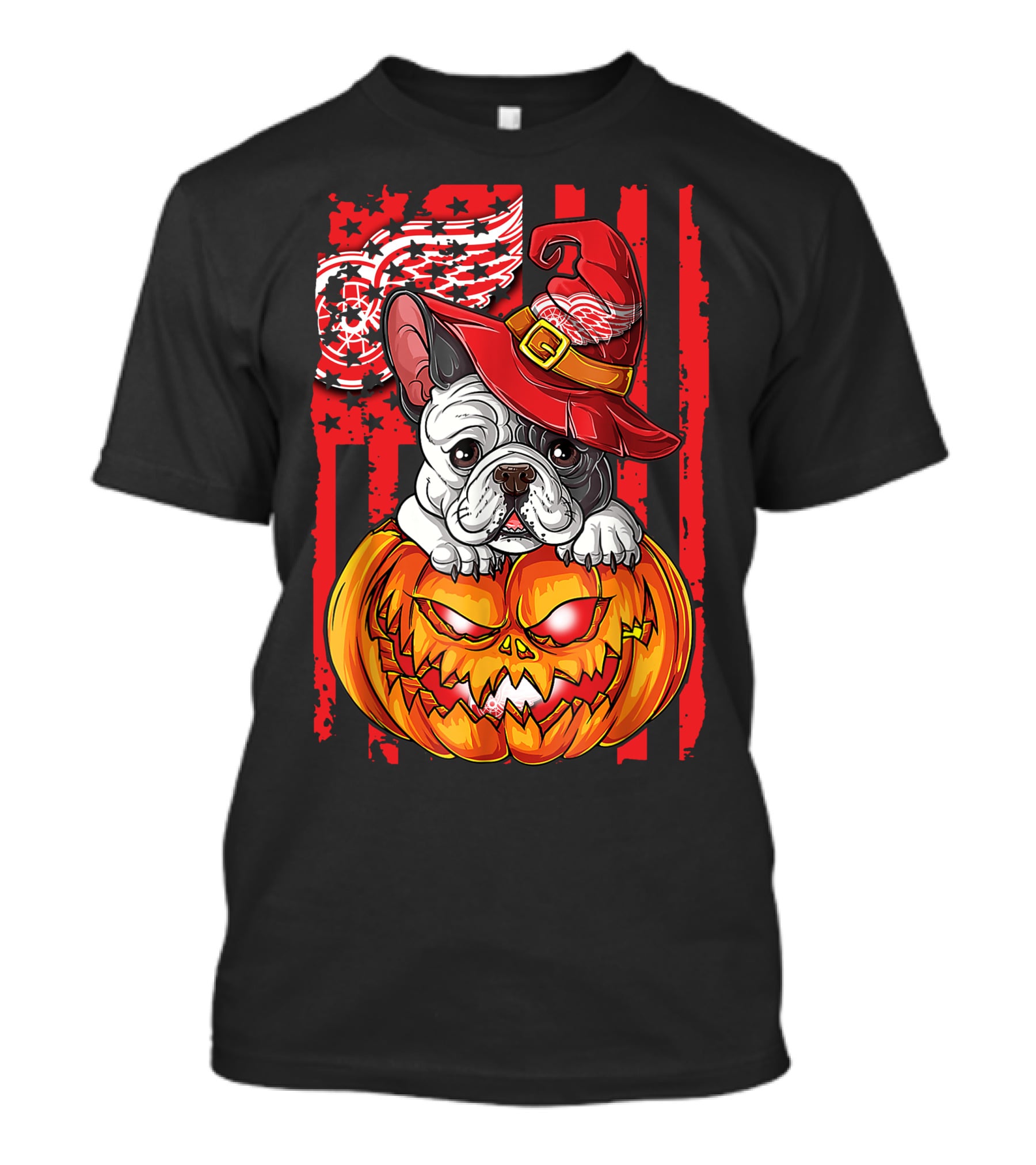 Hlw Bulldog Detroit Red Wings Witch Hat Pumpkin Halloween T-Shirt