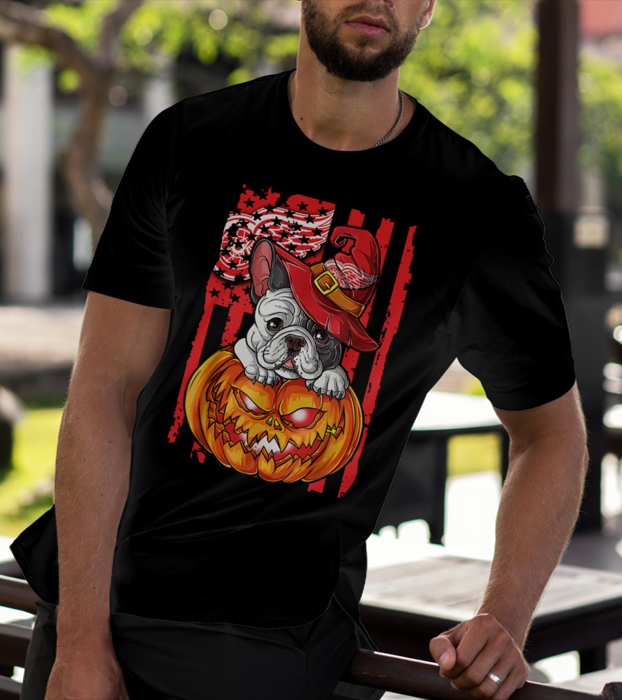 Hlw Bulldog Detroit Red Wings Witch Hat Pumpkin Halloween T-Shirt