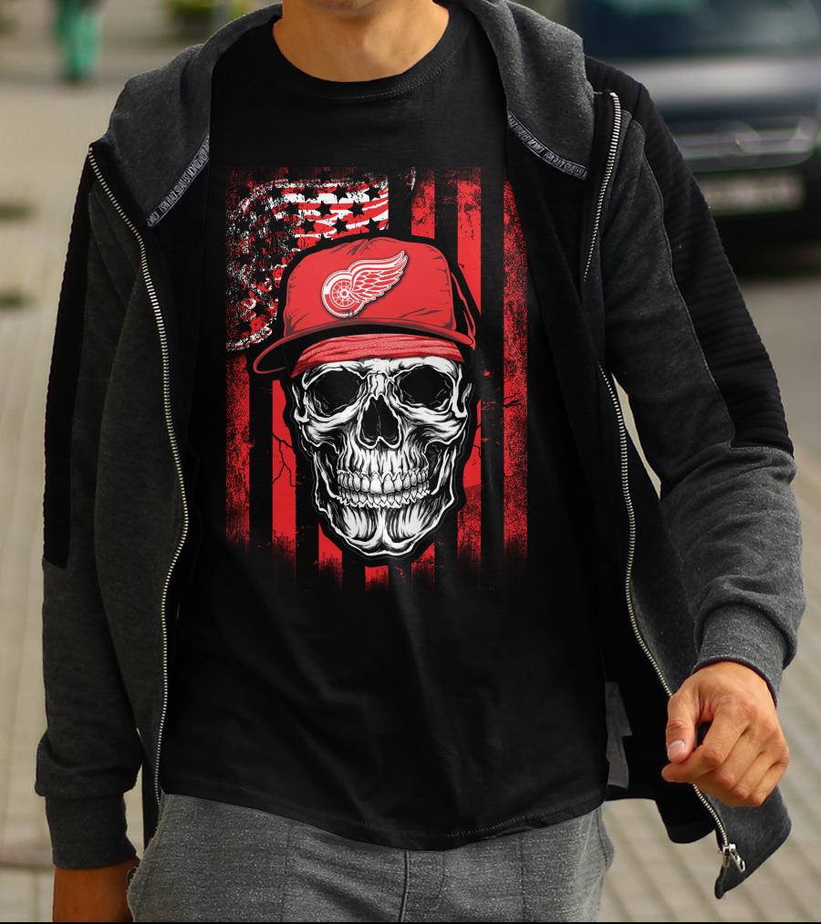 Skull Detroit Red Wings American Flag Hat T-Shirt