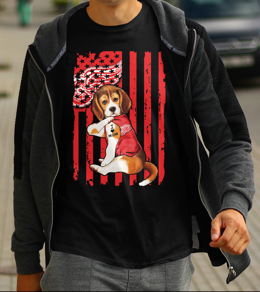 Beagle I Love Mom Detroit Red Wings Red Stripes T-Shirt