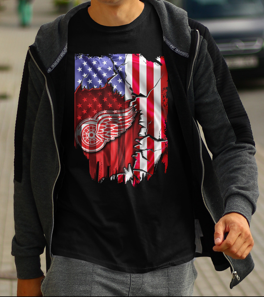 Flag Stars And Stripes Detroit Red Wings Winged Wheel T-Shirt