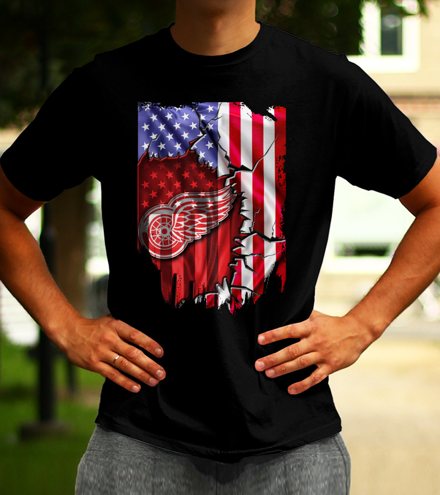 Flag Stars And Stripes Detroit Red Wings Winged Wheel T-Shirt