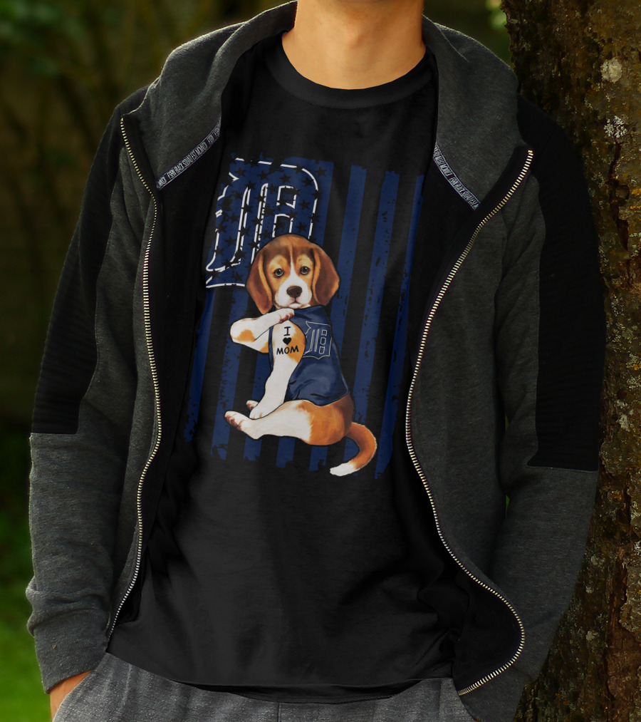 Beagle Puppy I Love Mom Detroit Tigers Stripes T-Shirt