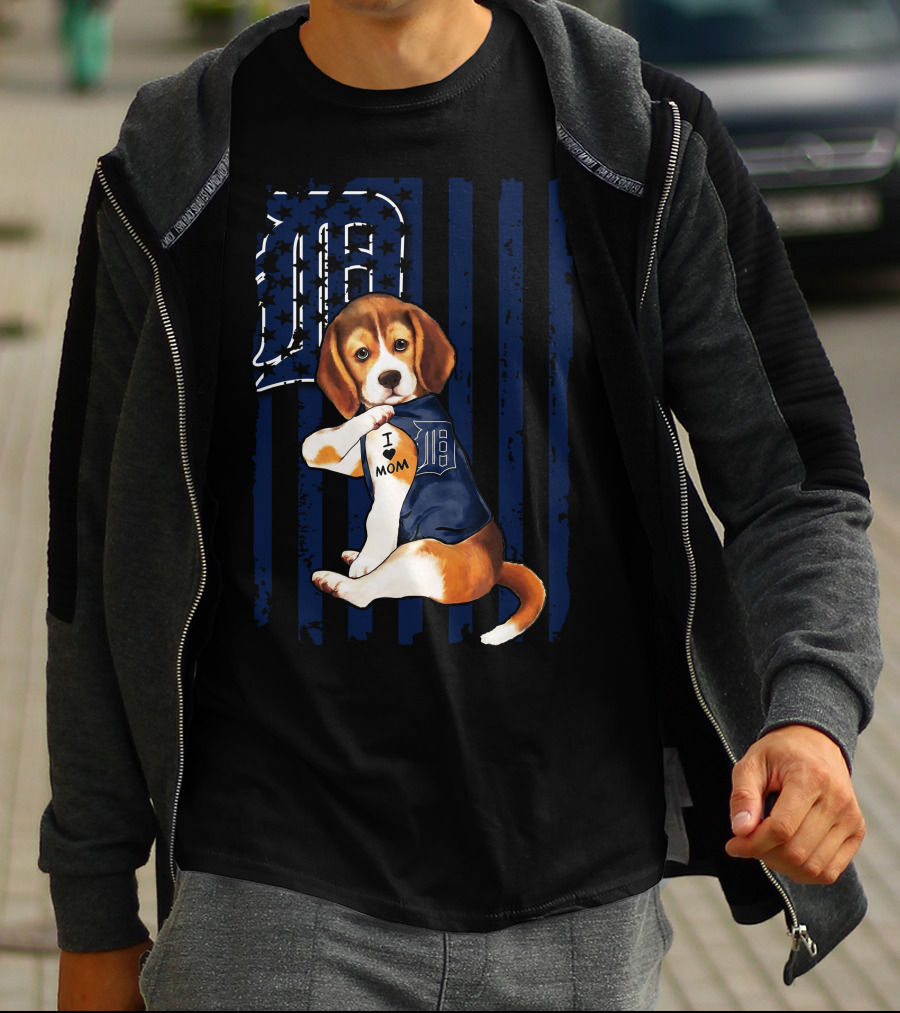 Beagle Puppy I Love Mom Detroit Tigers Stripes T-Shirt
