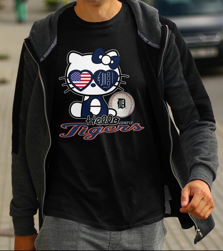 Hello Kitty Detroit Tigers American Flag Baseball T-Shirt