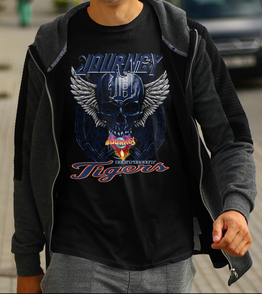 Journey Detroit Tigers Skull Wings Flame T-Shirt