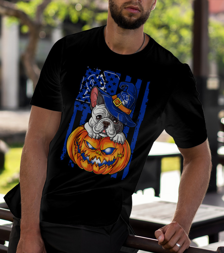 Hlw Bulldog On Duke Blue Devils Themed Halloween Pumpkin With Wizard Hat T-Shirt