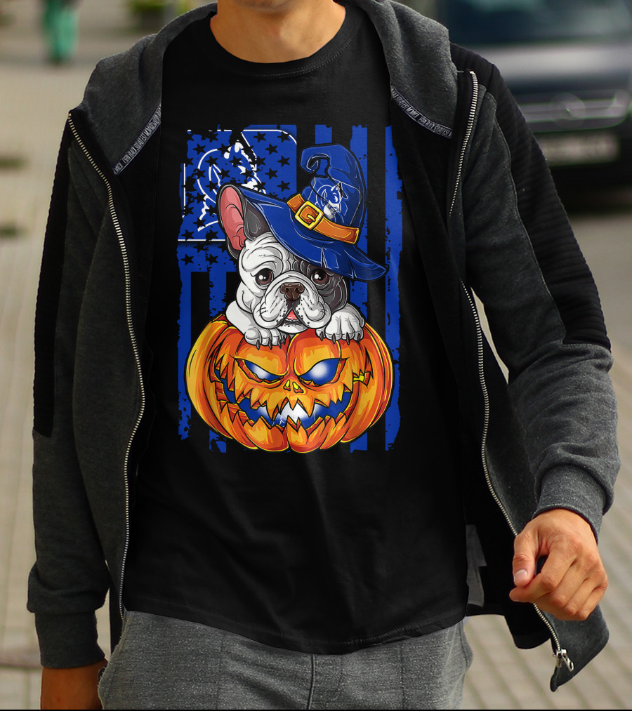 Hlw Bulldog On Duke Blue Devils Themed Halloween Pumpkin With Wizard Hat T-Shirt