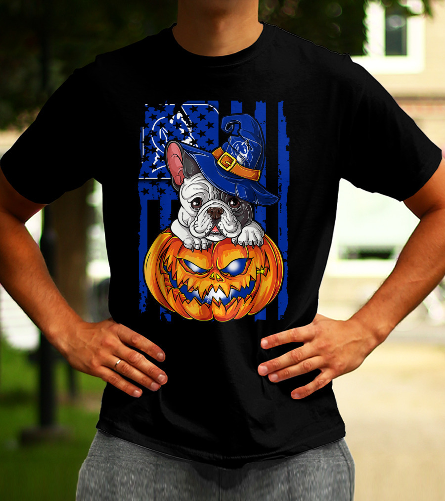 Hlw Bulldog On Duke Blue Devils Themed Halloween Pumpkin With Wizard Hat T-Shirt