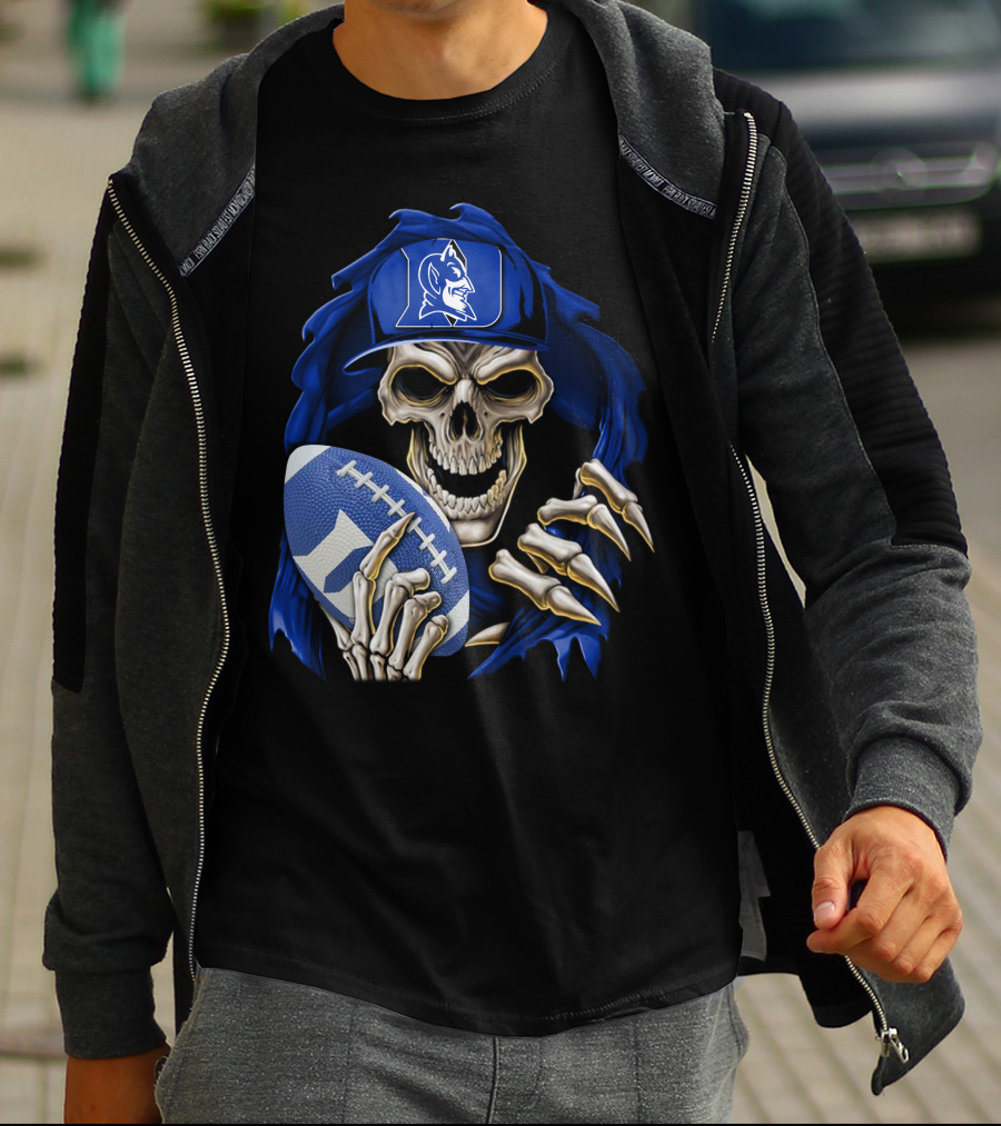 Duke Blue Devils Skull With Football And Logo Hat T-Shirt