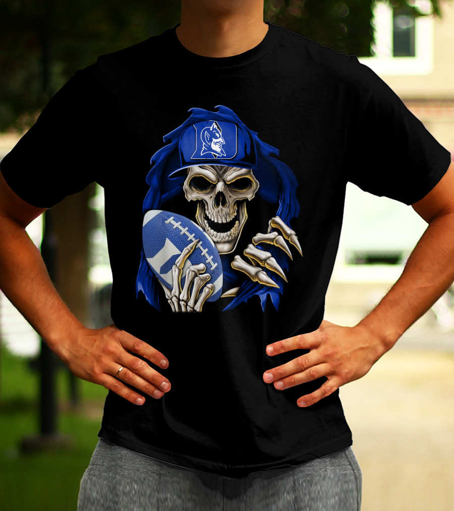 Duke Blue Devils Skull With Football And Logo Hat T-Shirt