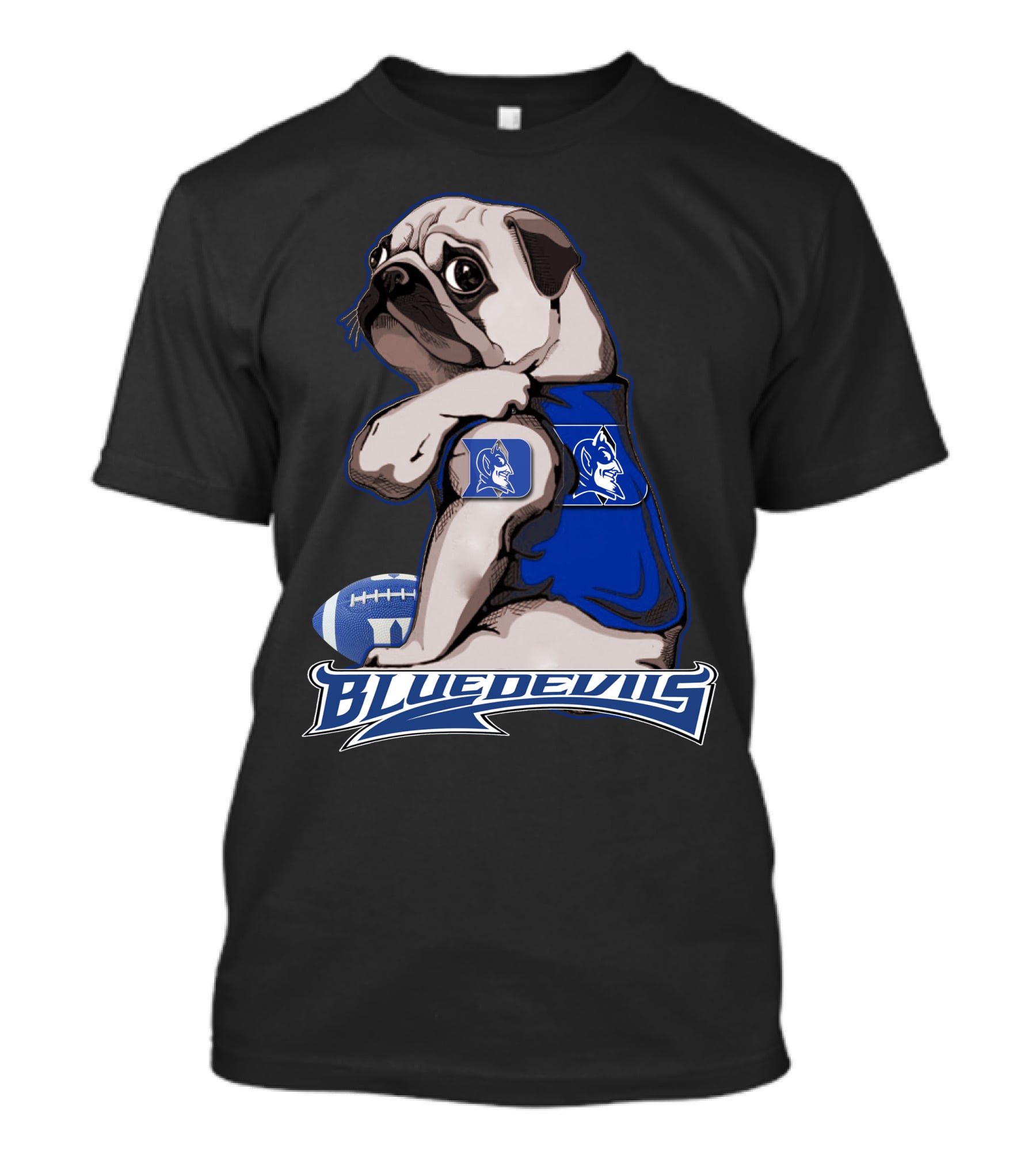 Pug Wearing Blue Devils Football Jersey T-Shirt