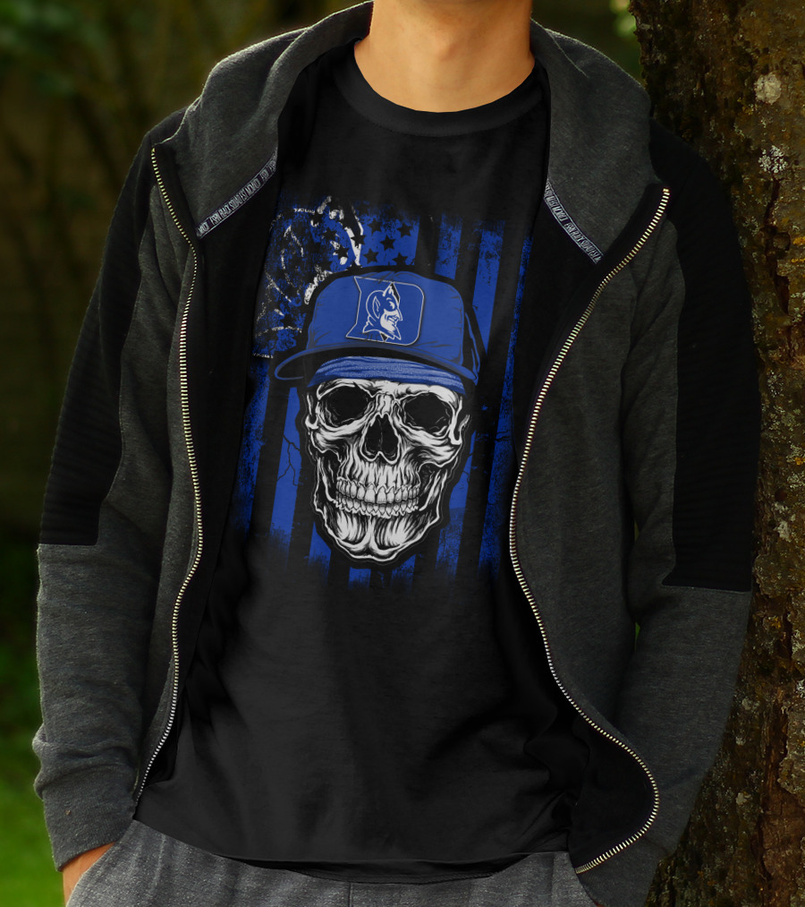 Skull With Duke Blue Devils Cap And American Flag Background T-Shirt