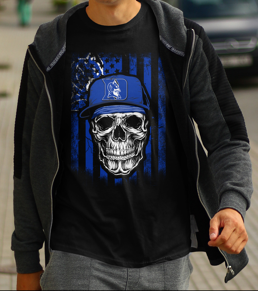 Skull With Duke Blue Devils Cap And American Flag Background T-Shirt