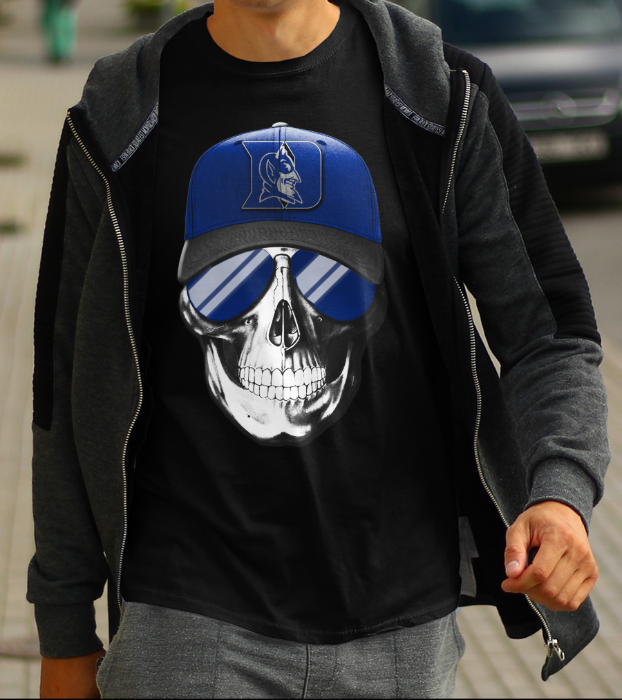 Skull Wearing Duke Blue Devils Logo Hat And Sunglasses T-Shirt
