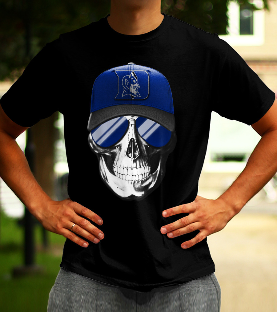 Skull Wearing Duke Blue Devils Logo Hat And Sunglasses T-Shirt