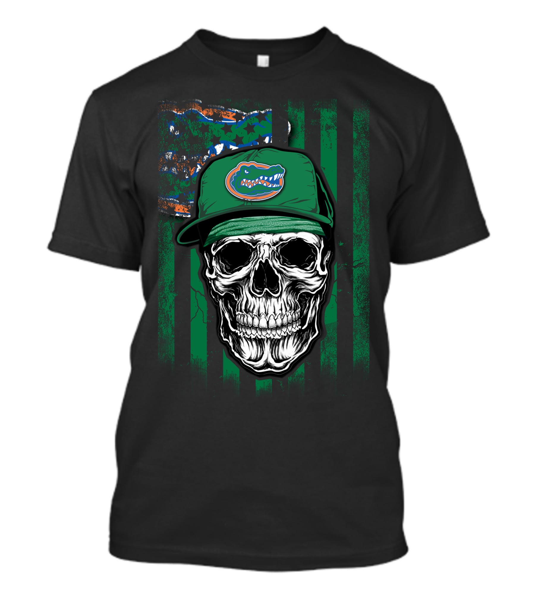 Skull With Florida Gators Hat On Grunge American Flag Background T-Shirt