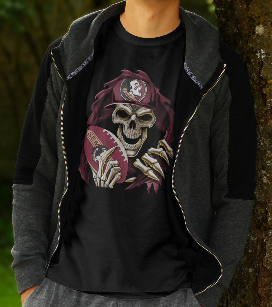 Skullbong Florida State Seminoles Skeleton Holding Football T-Shirt