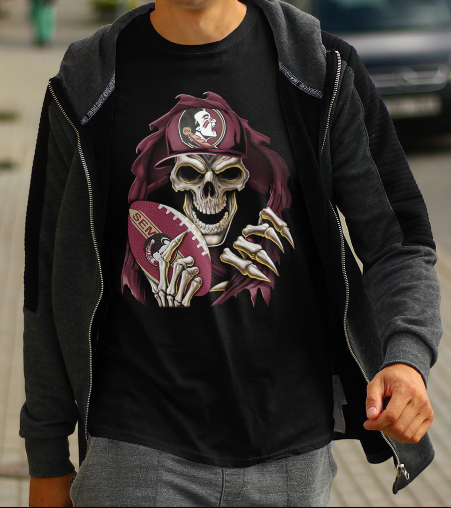 Skullbong Florida State Seminoles Skeleton Holding Football T-Shirt