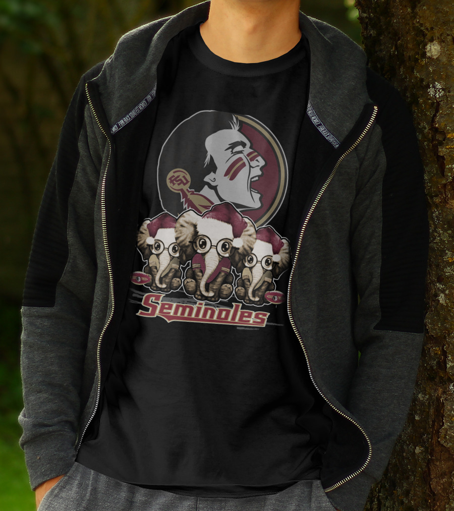 Seminoles Florida State Xmas Elephan With Santa Hats And Eyeglasses T-Shirt