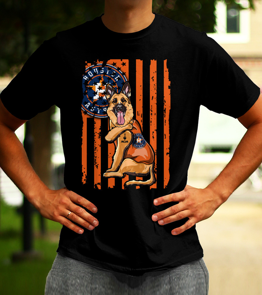 Houston Astros I Love Mom German Shepherd Patriotic Flag T-Shirt