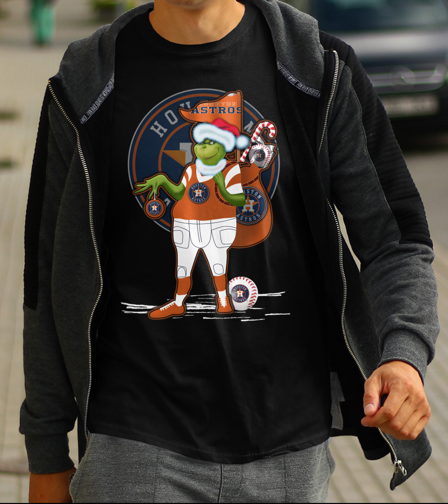 Grinchxmas Houston Astros Santa Hat Baseball Player With Logo And Candy Cane Sack T-Shirt