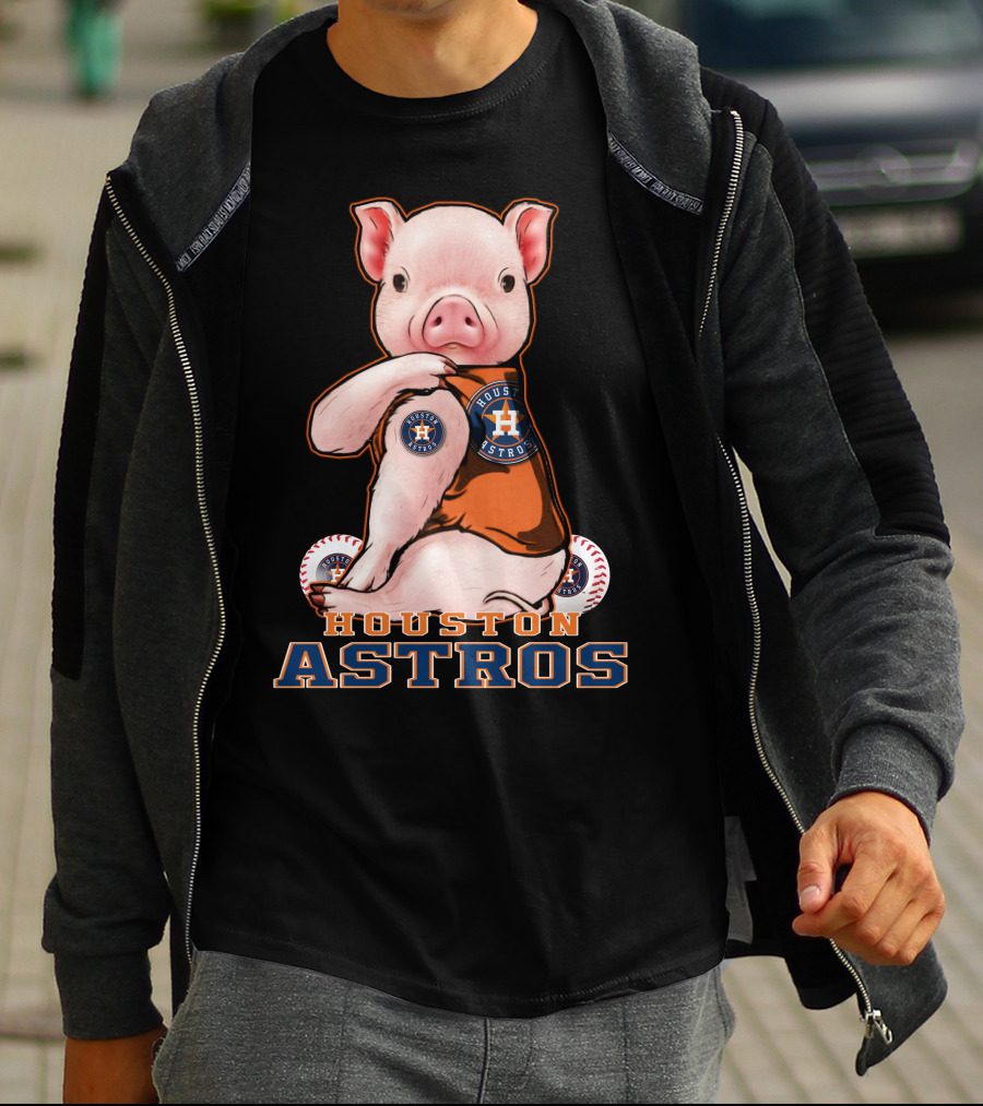 Pig Wearing Houston Astros Jersey With Logo And Baseballs T-Shirt