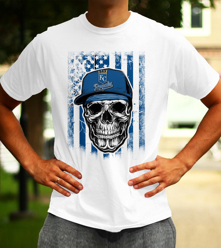 Kansas City Royals Skull With Blue Hat And Crown Symbol On T-Shirt