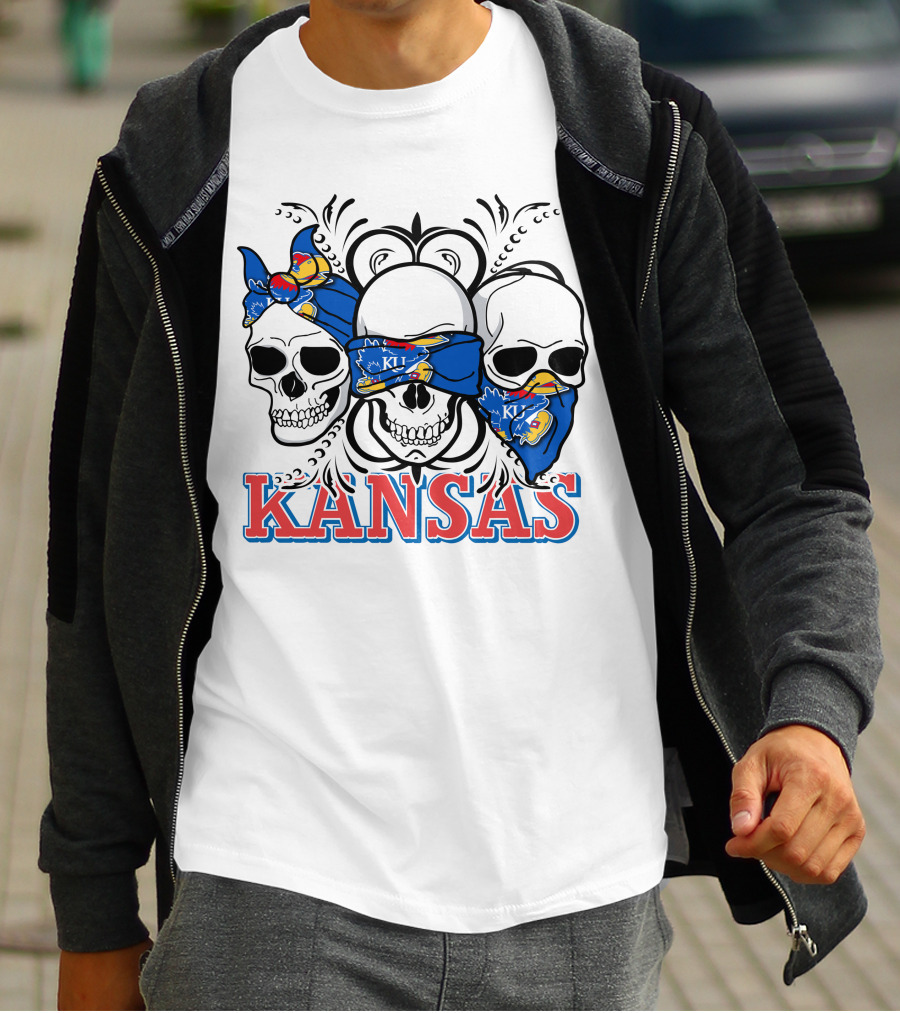 Kansas Jayhawks Skulls Bandana T-Shirt