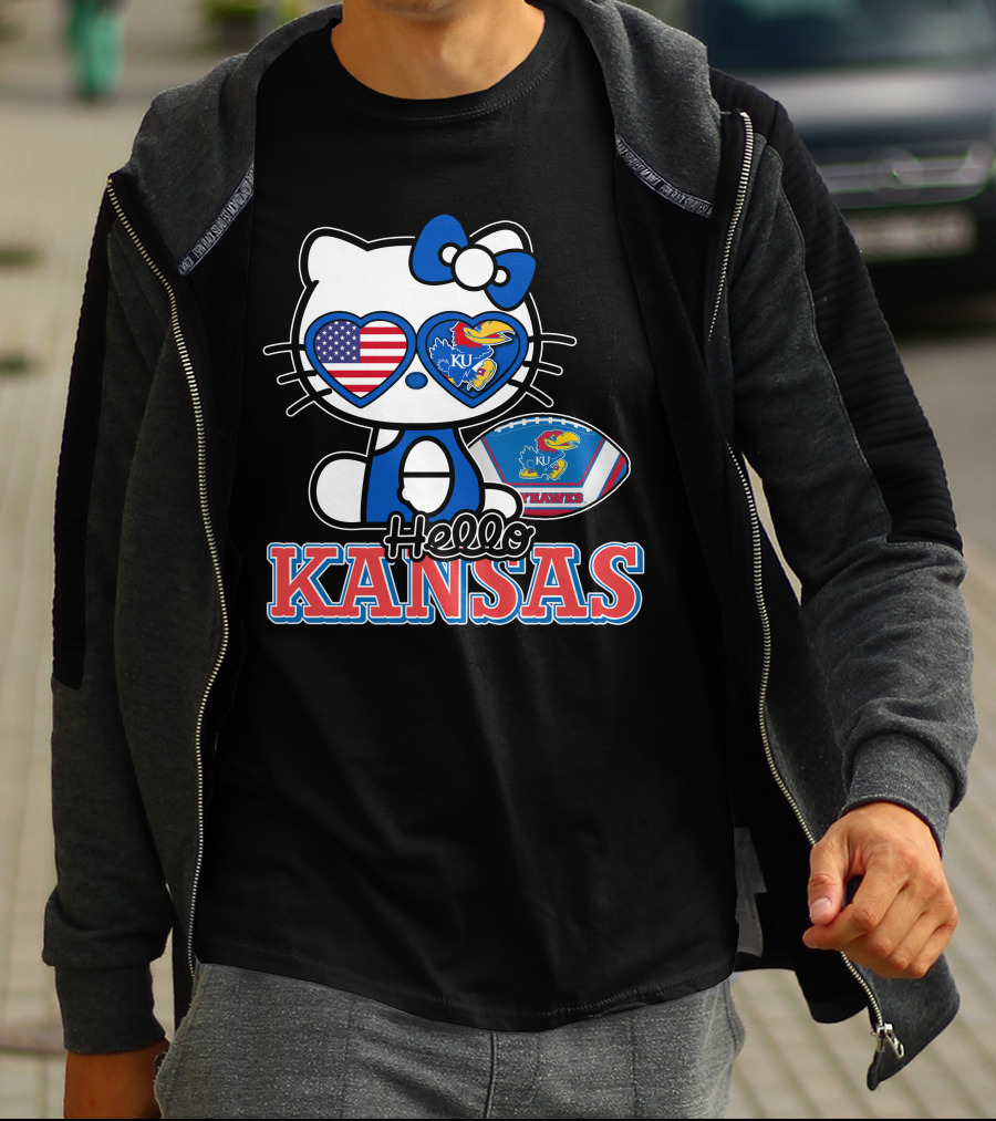 Hello Kitty Kansas Jayhawks KU Football American Flag T-Shirt
