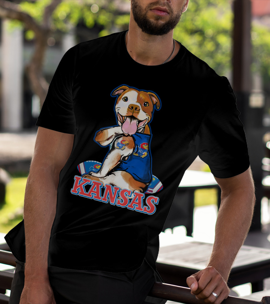 Kansas Pitbull Mascot With Jayhawks Football T-Shirt