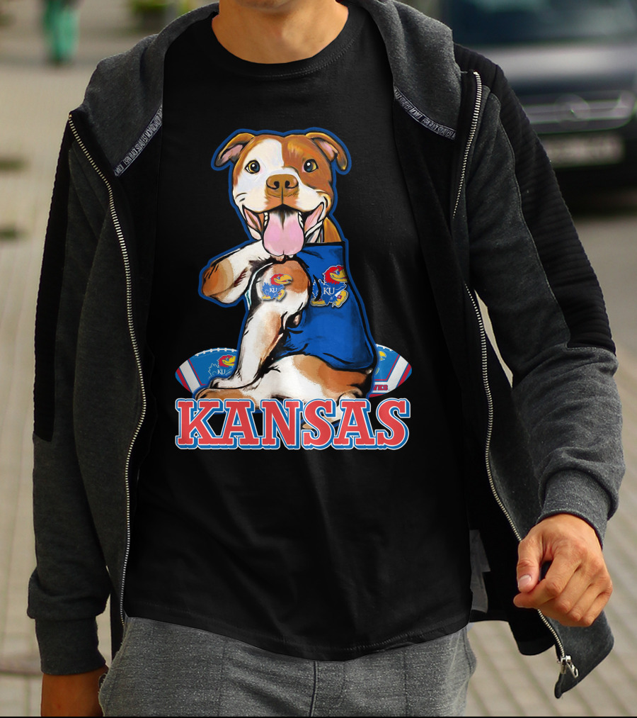 Kansas Pitbull Mascot With Jayhawks Football T-Shirt