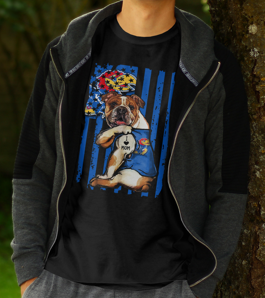 Bulldog Wearing Kansas Jayhawks I Love Mom Tattoo With Blue Stripes And Jayhawk T-Shirt